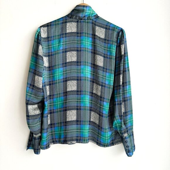Vintage Pierre Segade France Blue Green Plaid Neck Bop Long Sleeve Blpouse M/L - Picture 7 of 9